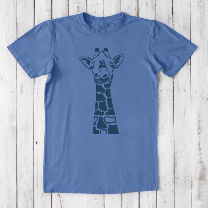 Blue men's giraffe T-shirt in bamboo & organic cotton with dark green safari wildlife print, classic fit and breathable fabric.