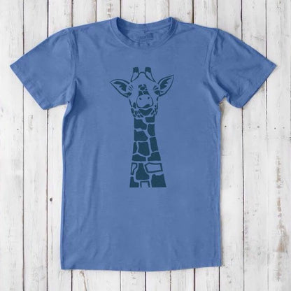 Blue men's giraffe T-shirt in bamboo & organic cotton with dark green safari wildlife print, classic fit and breathable fabric.
