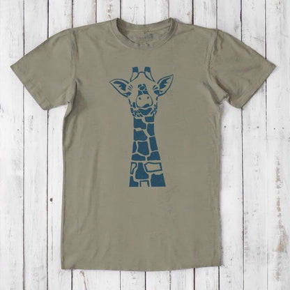 Olive green men's giraffe T-shirt in bamboo & organic cotton with navy safari wildlife graphic, sustainable and stylish gift.