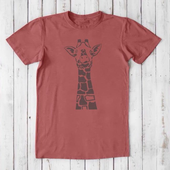Brick red men's giraffe T-shirt in bamboo & organic cotton with dark gray safari wildlife print, classic fit gift for him.