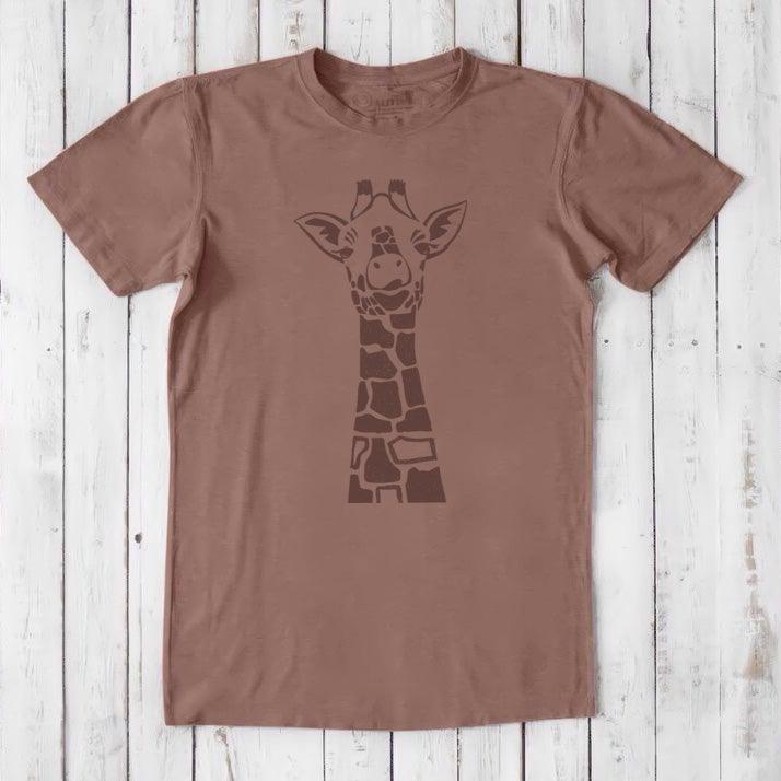 Rust brown men's giraffe T-shirt in bamboo & organic cotton with tonal safari wildlife graphic, soft and sustainable fabric.