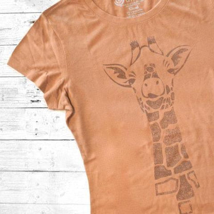 Women's Giraffe T-Shirt in bamboo and organic cotton in rust color with safari animal graphic. Sustainable and eco-friendly casual wear top.