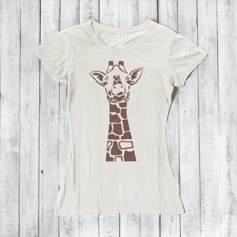 Cream Women's Giraffe T-Shirt featuring brown safari animal graphic. Sustainable bamboo and organic cotton blend for eco-conscious fashion lovers.