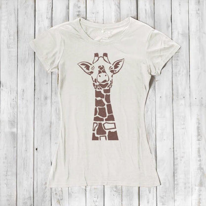 Cream Women's Giraffe T-Shirt featuring brown safari animal graphic. Sustainable bamboo and organic cotton blend for eco-conscious fashion lovers.