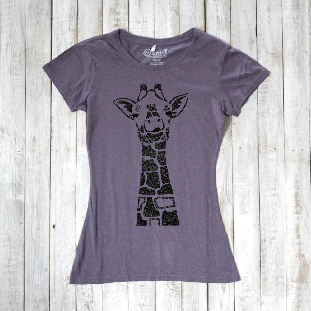 Purple Women's Giraffe T-Shirt with black safari animal print. Crafted from bamboo and organic cotton for a unique, eco-friendly wildlife top.