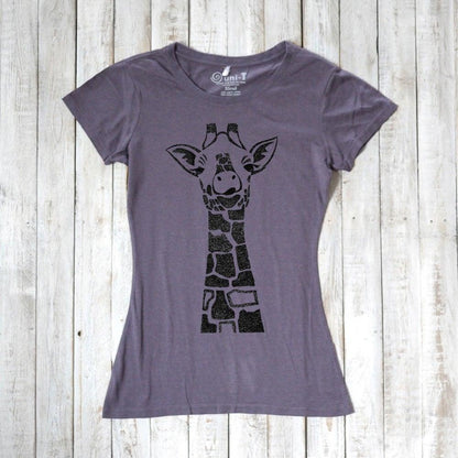Purple Women's Giraffe T-Shirt with black safari animal print. Crafted from bamboo and organic cotton for a unique, eco-friendly wildlife top.