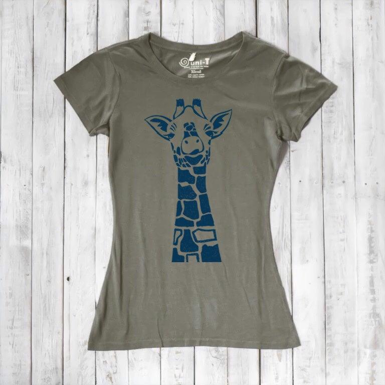 Olive green Women's Giraffe T-Shirt with navy animal graphic. Sustainable bamboo and organic cotton tee for safari-style casual wear.