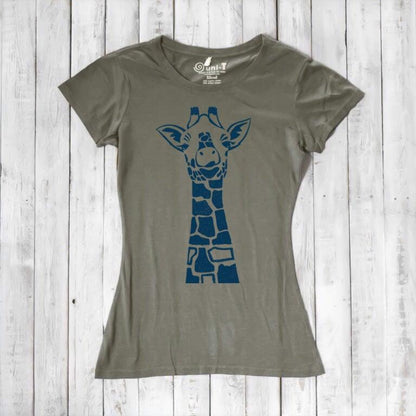 Olive green Women's Giraffe T-Shirt with navy animal graphic. Sustainable bamboo and organic cotton tee for safari-style casual wear.