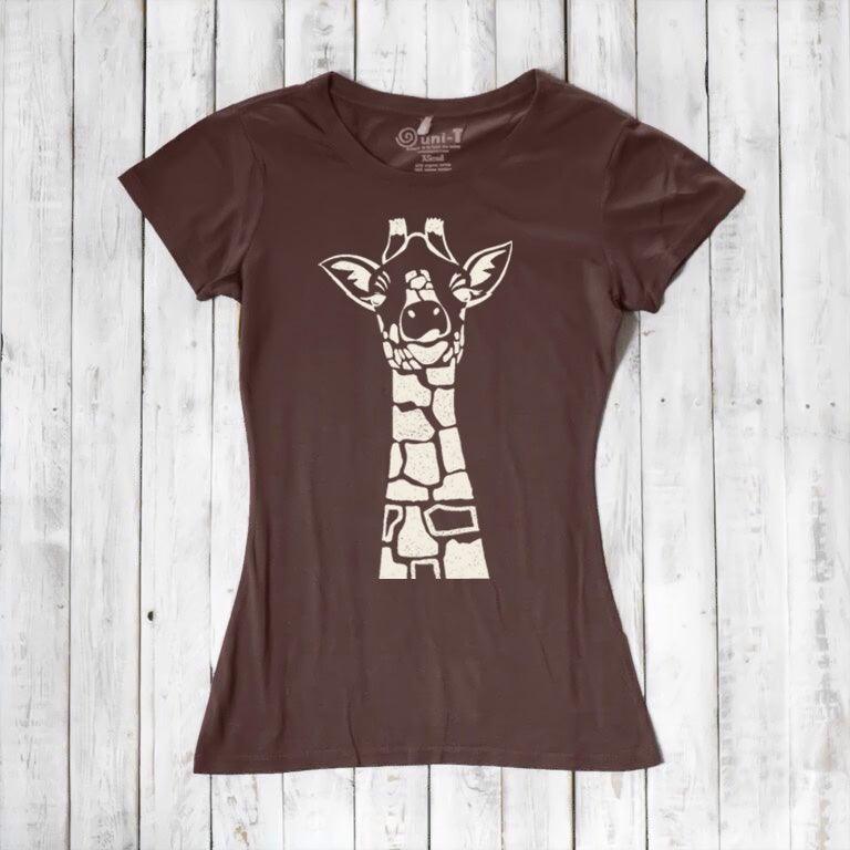 Brown Women's Giraffe T-Shirt with cream animal print. Made from bamboo and organic cotton, ideal for eco-conscious safari fashion lovers.