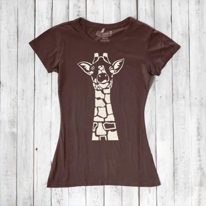 Brown Women's Giraffe T-Shirt with cream animal print. Made from bamboo and organic cotton, ideal for eco-conscious safari fashion lovers.