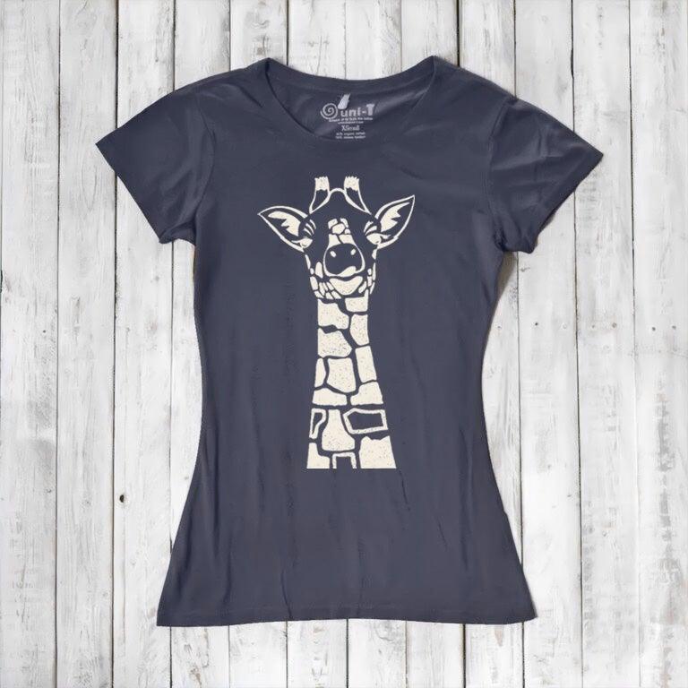 Charcoal Women's Giraffe T-Shirt with cream safari animal print. Eco-friendly bamboo and organic cotton top for stylish wildlife fashion.