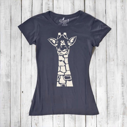 Charcoal Women's Giraffe T-Shirt with cream safari animal print. Eco-friendly bamboo and organic cotton top for stylish wildlife fashion.