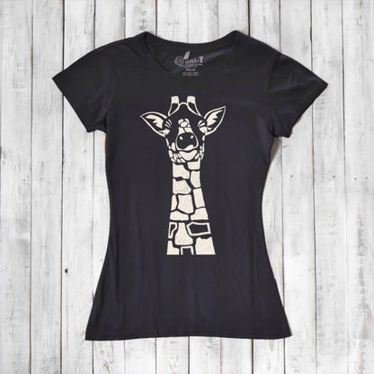 Black Women's Giraffe T-Shirt with cream animal graphic. Crafted from bamboo and organic cotton, perfect for eco-conscious wildlife fashion.
