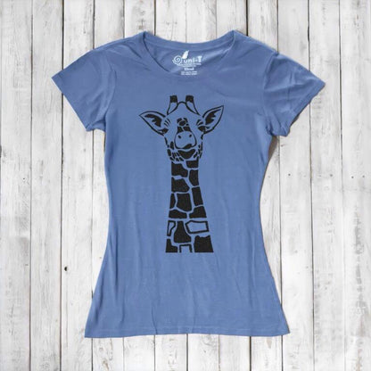 Periwinkle blue Women's Giraffe T-Shirt with black safari animal print. Eco-friendly bamboo and organic cotton top for stylish casual wear.