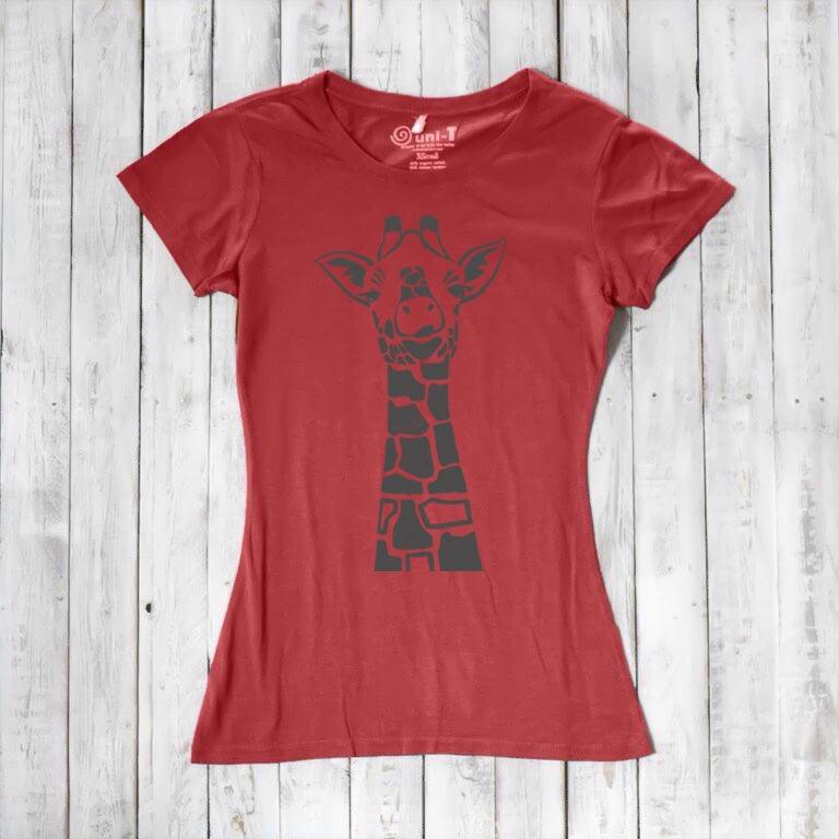 Red Women's Giraffe T-Shirt with dark grey animal graphic. Sustainable bamboo and organic cotton tee for casual wildlife-inspired fashion.