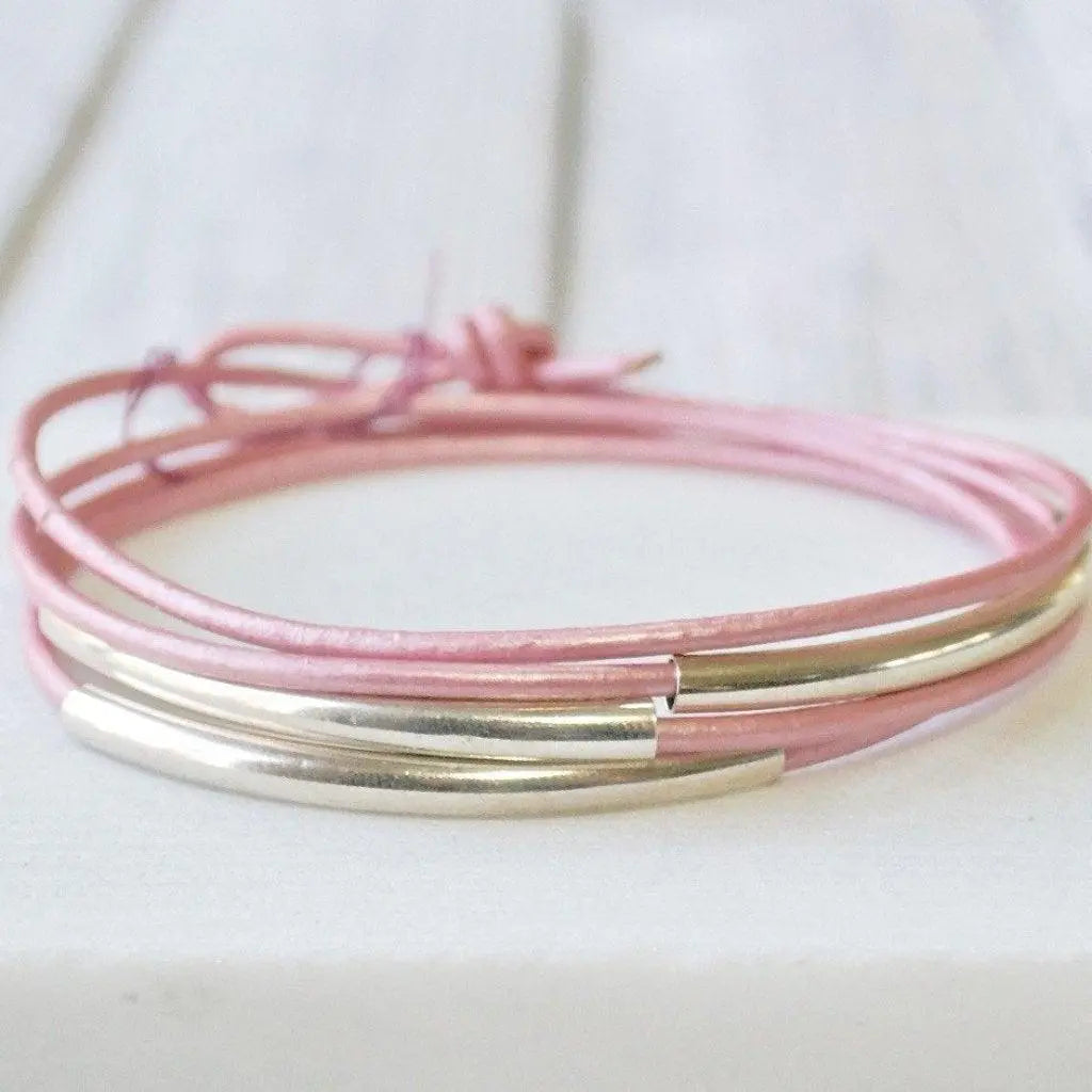 Pink Leather Silver/Gold Wrap Bracelet - One Size fits all - Uni-T