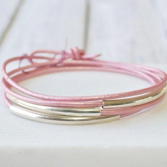 Pink Leather Silver/Gold Wrap Bracelet - One Size fits all - Uni-T
