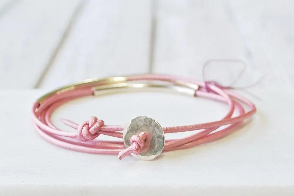 Pink Leather Silver/Gold Wrap Bracelet - One Size fits all - Uni-T
