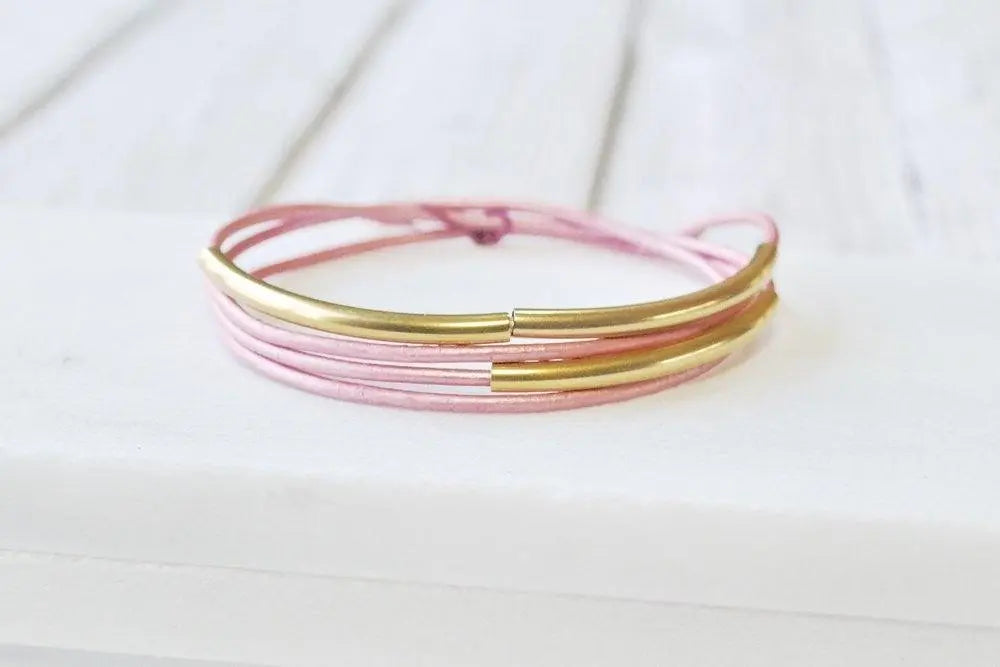 Pink Leather Silver/Gold Wrap Bracelet - One Size fits all - Uni-T