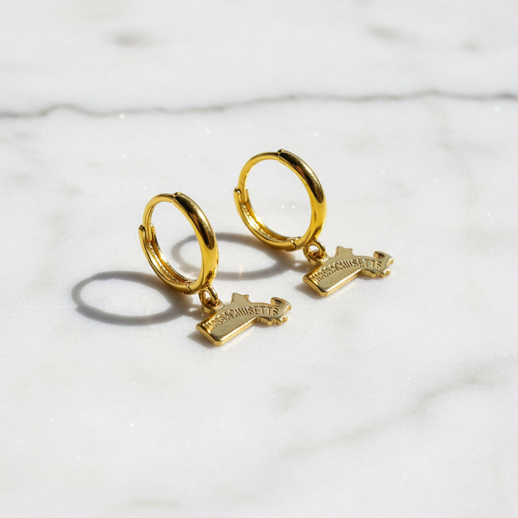 Gold hoop earrings with Massachusetts state charm