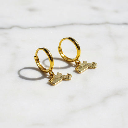 Gold hoop earrings with Massachusetts state charm