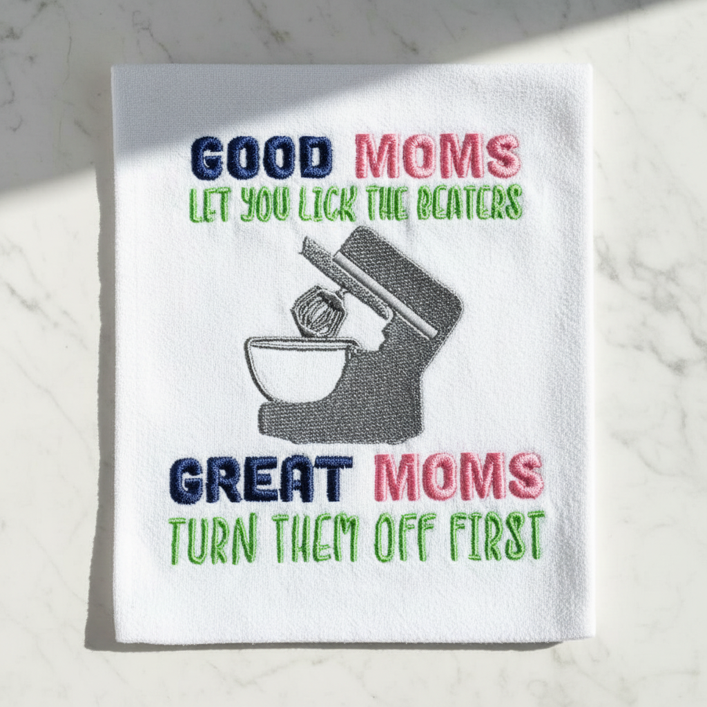 Good moms let you lick the beaters, great moms turn them off first Embroidered Towel