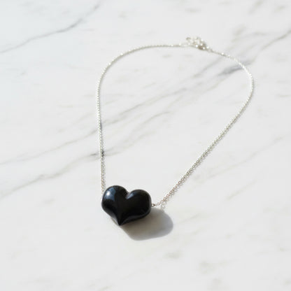 Natural Silver Obsidian Puffy Heart Necklace