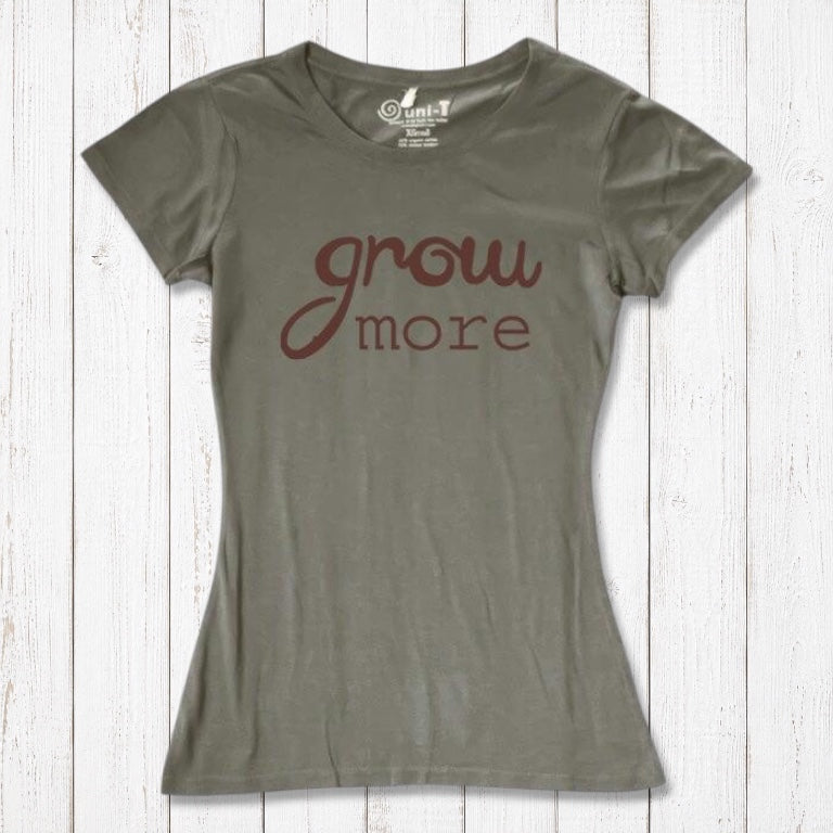 Women's Gardening T-Shirt in Bamboo & Organic Cotton with 'Grow More' quote in brown on olive green. Eco-friendly gift for plant lovers.