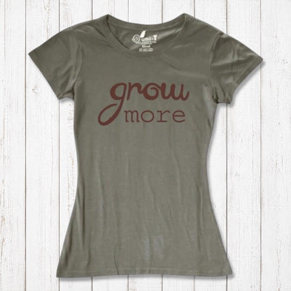 Women's Gardening T-Shirt in Bamboo & Organic Cotton with 'Grow More' quote in brown on olive green. Eco-friendly gift for plant lovers.