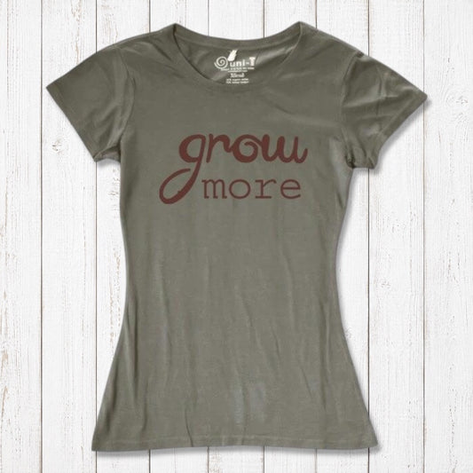 Women's Gardening T-Shirt in Bamboo & Organic Cotton with 'Grow More' quote in brown on olive green. Eco-friendly gift for plant lovers.