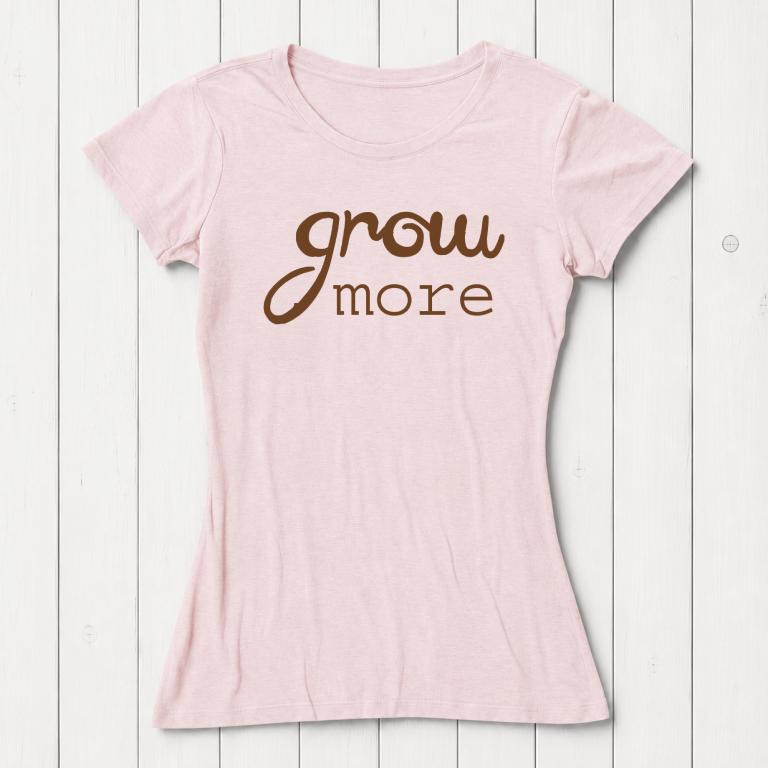 Women's Bamboo & Organic Cotton T-Shirt in rustic pink with cream 'Grow More' typography. Sustainable gardening-themed apparel by Uni-T.