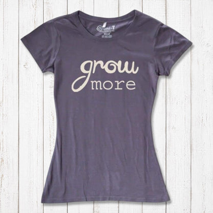 Dark purple women's T-shirt with cream 'Grow More' text. Nature-inspired bamboo and organic cotton top for gardening enthusiasts.