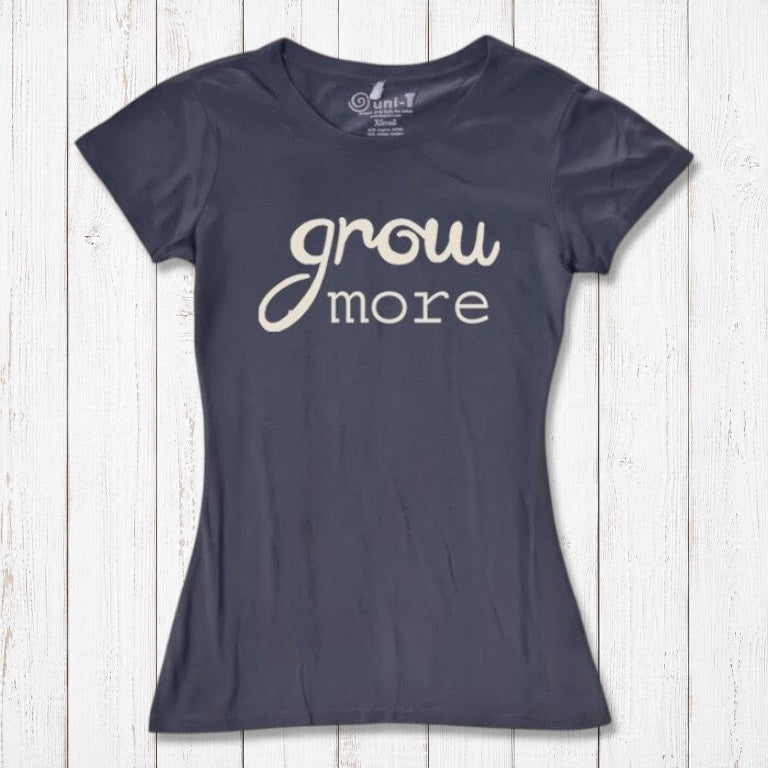 Navy blue bamboo and organic cotton T-shirt for women featuring 'Grow More' in cream. A soft, sustainable gift for plant lovers.