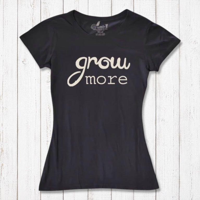 Black women's T-shirt with 'Grow More' quote in cream. Eco-friendly bamboo and organic cotton blend, perfect for gardening fans.