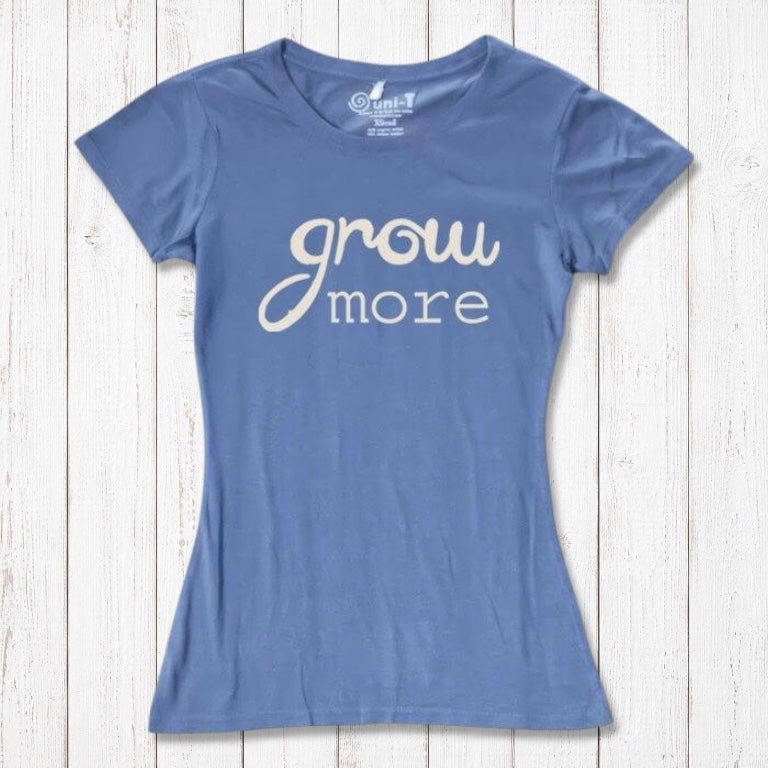 Ocean blue women's T-shirt with cream 'Grow More' typography. Sustainable bamboo and organic cotton blend for garden lovers.