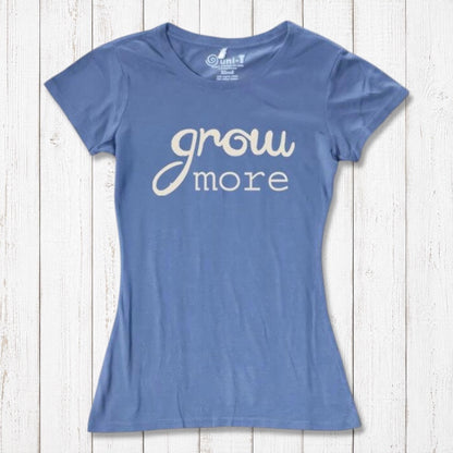 Ocean blue women's T-shirt with cream 'Grow More' typography. Sustainable bamboo and organic cotton blend for garden lovers.