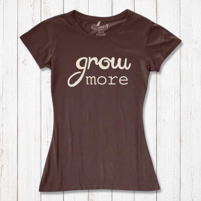 Dark brown women's T-shirt with cream 'Grow More' quote. Made from bamboo and organic cotton, perfect for eco-conscious gardening fans.