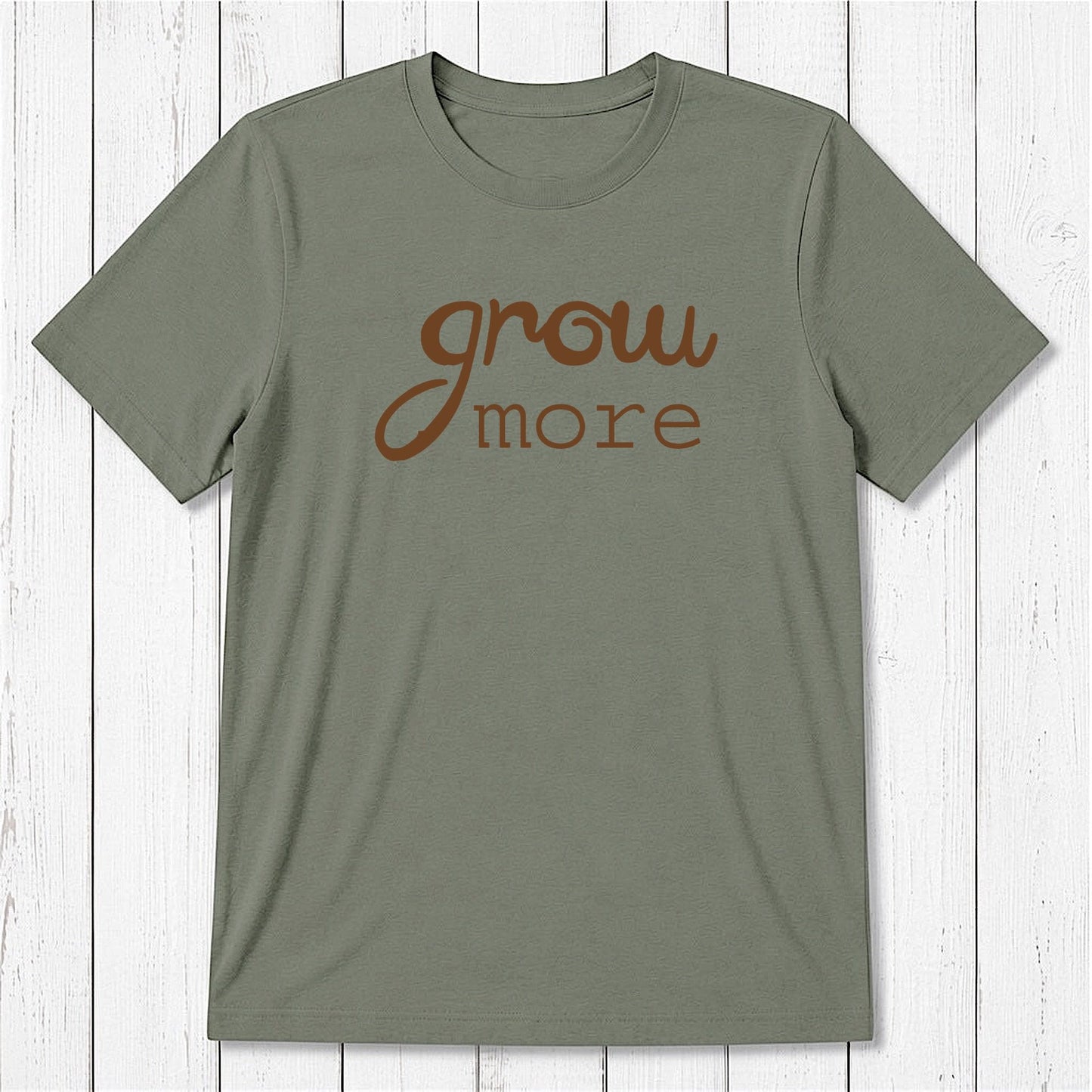 Khaki-green 'Grow More' men's gardening T-shirt in bamboo and organic cotton, classic fit eco-friendly tee for plant lovers by Uni-T.
