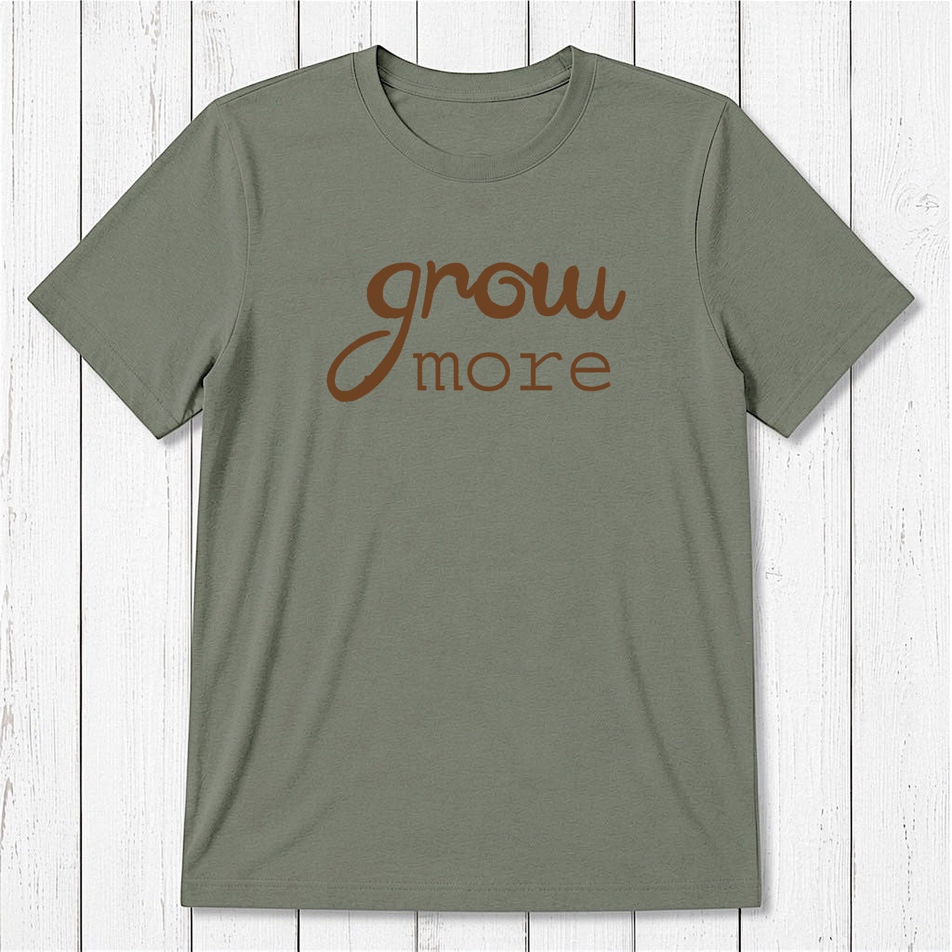 Khaki-green 'Grow More' men's gardening T-shirt in bamboo and organic cotton, classic fit eco-friendly tee for plant lovers by Uni-T.