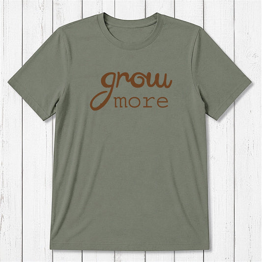 Khaki-green 'Grow More' men's gardening T-shirt in bamboo and organic cotton, classic fit eco-friendly tee for plant lovers by Uni-T.