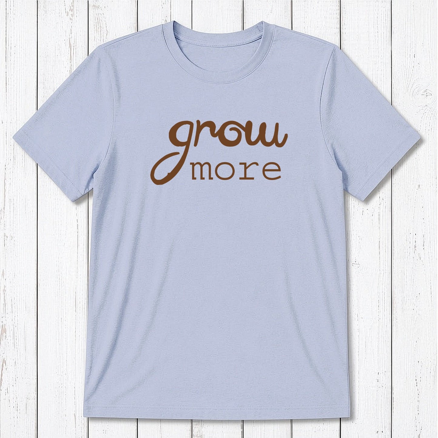 Light blue 'Grow More' men's graphic T-shirt made from bamboo and organic cotton, sustainable garden-themed tee by Uni-T.