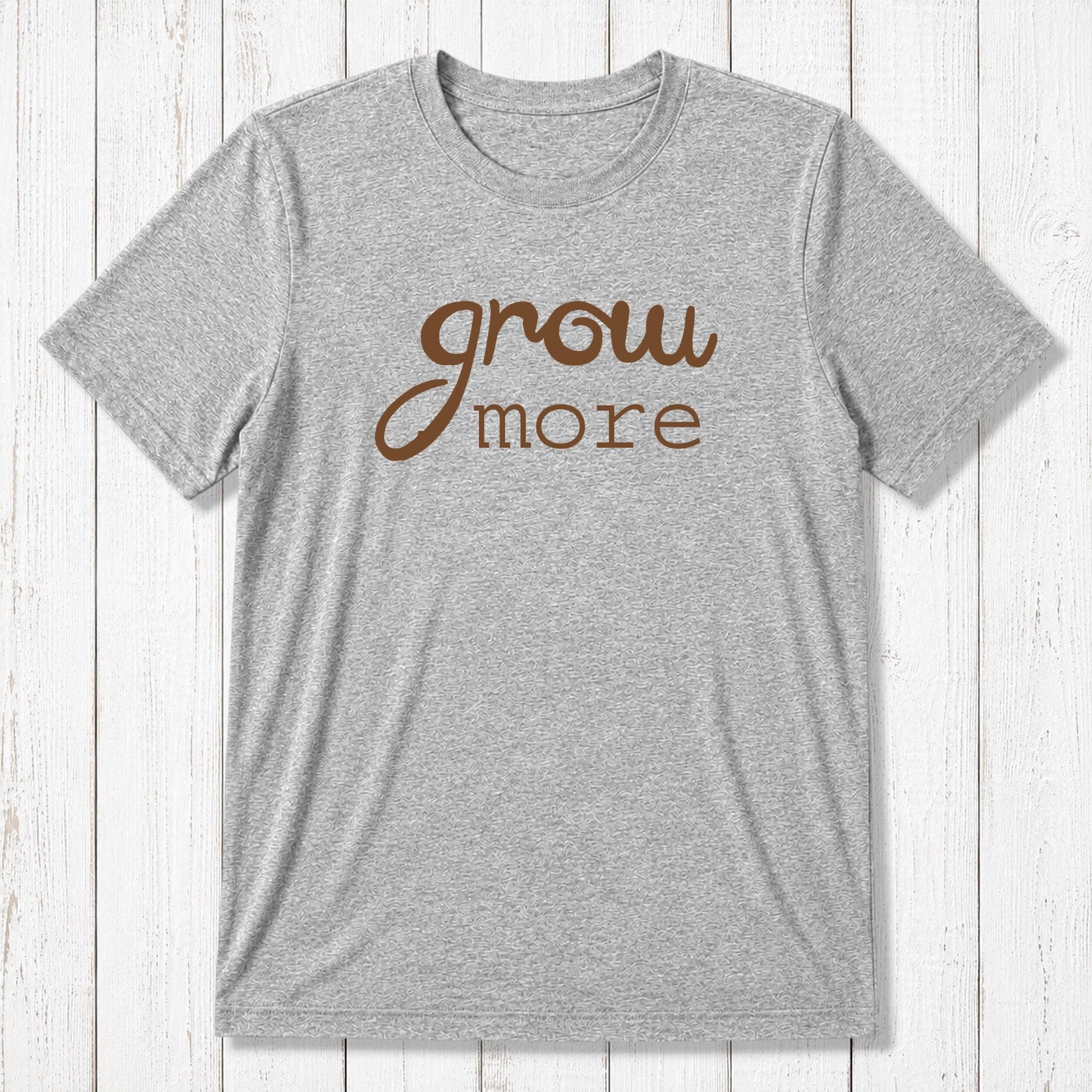 Heather gray 'Grow More' men's bamboo and organic cotton T-shirt, classic fit plant lover tee ideal for gardening enthusiasts.