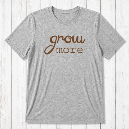 Heather gray 'Grow More' men's bamboo and organic cotton T-shirt, classic fit plant lover tee ideal for gardening enthusiasts.