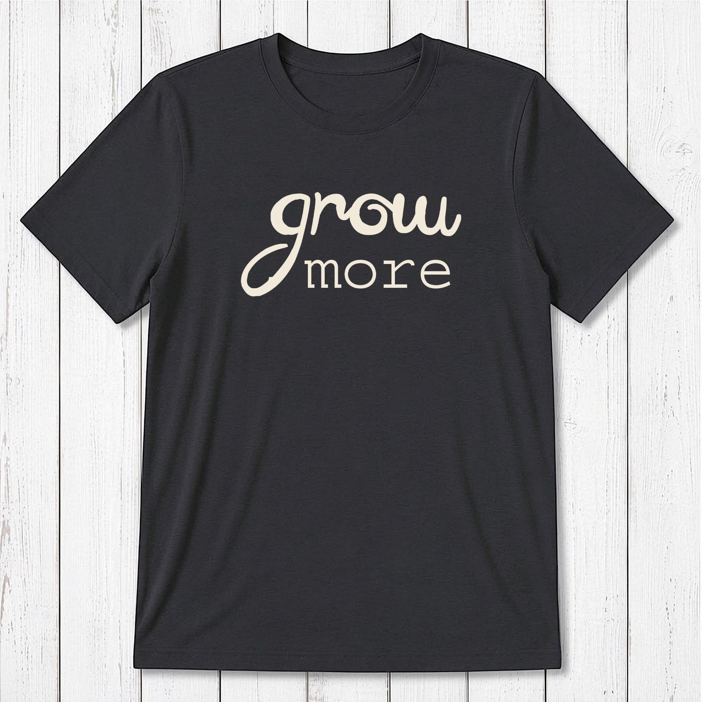 Charcoal black 'Grow More' men's gardening T-shirt in bamboo and organic cotton, eco-friendly classic fit tee for plant lovers.