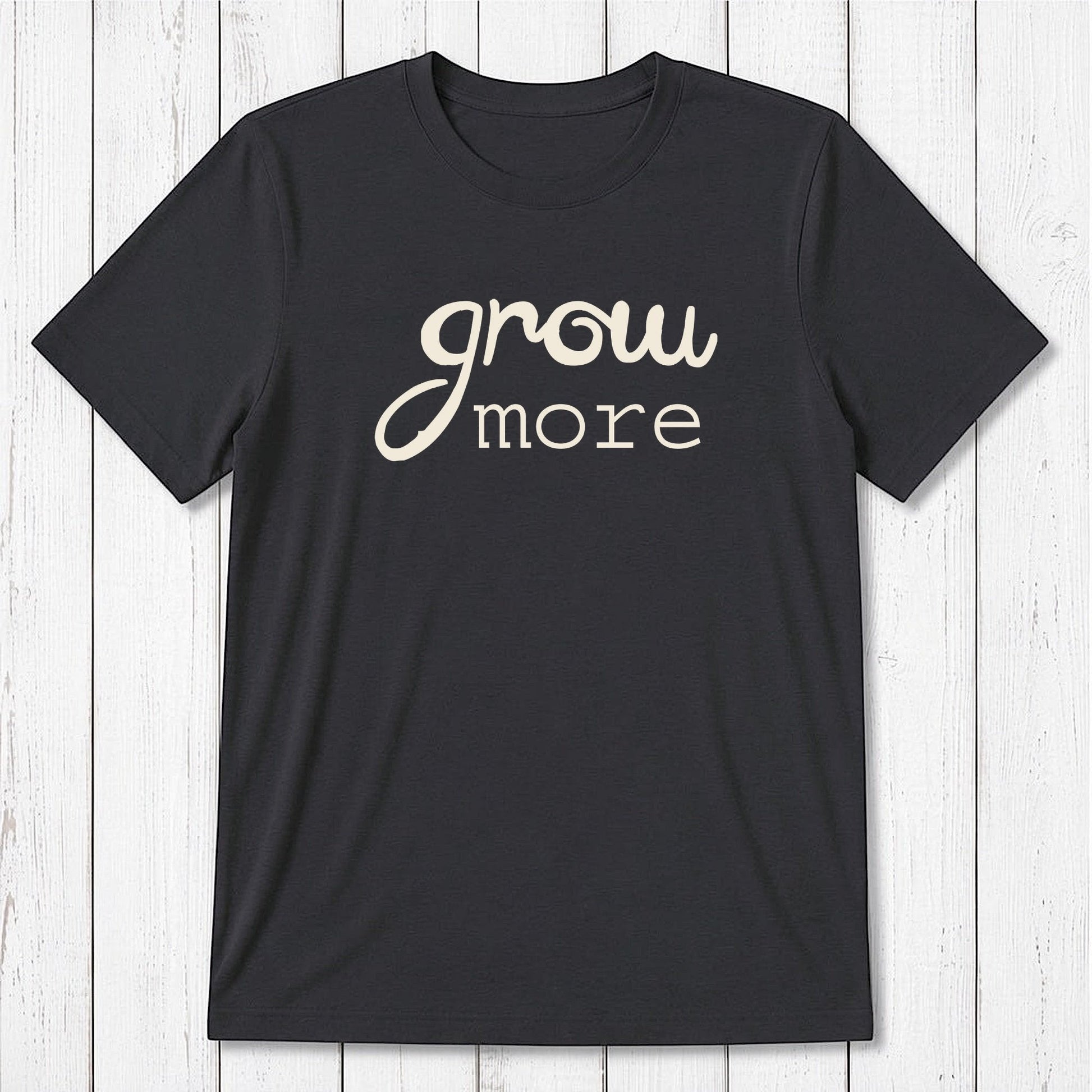 Charcoal black 'Grow More' men's gardening T-shirt in bamboo and organic cotton, eco-friendly classic fit tee for plant lovers.