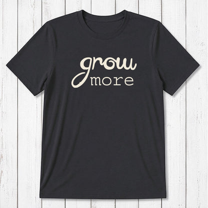 Charcoal black 'Grow More' men's gardening T-shirt in bamboo and organic cotton, eco-friendly classic fit tee for plant lovers.