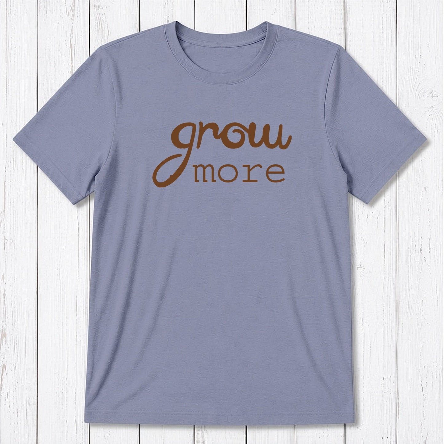 Slate blue 'Grow More' men's bamboo and organic cotton T-shirt, sustainable garden-themed graphic tee for eco-conscious men.
