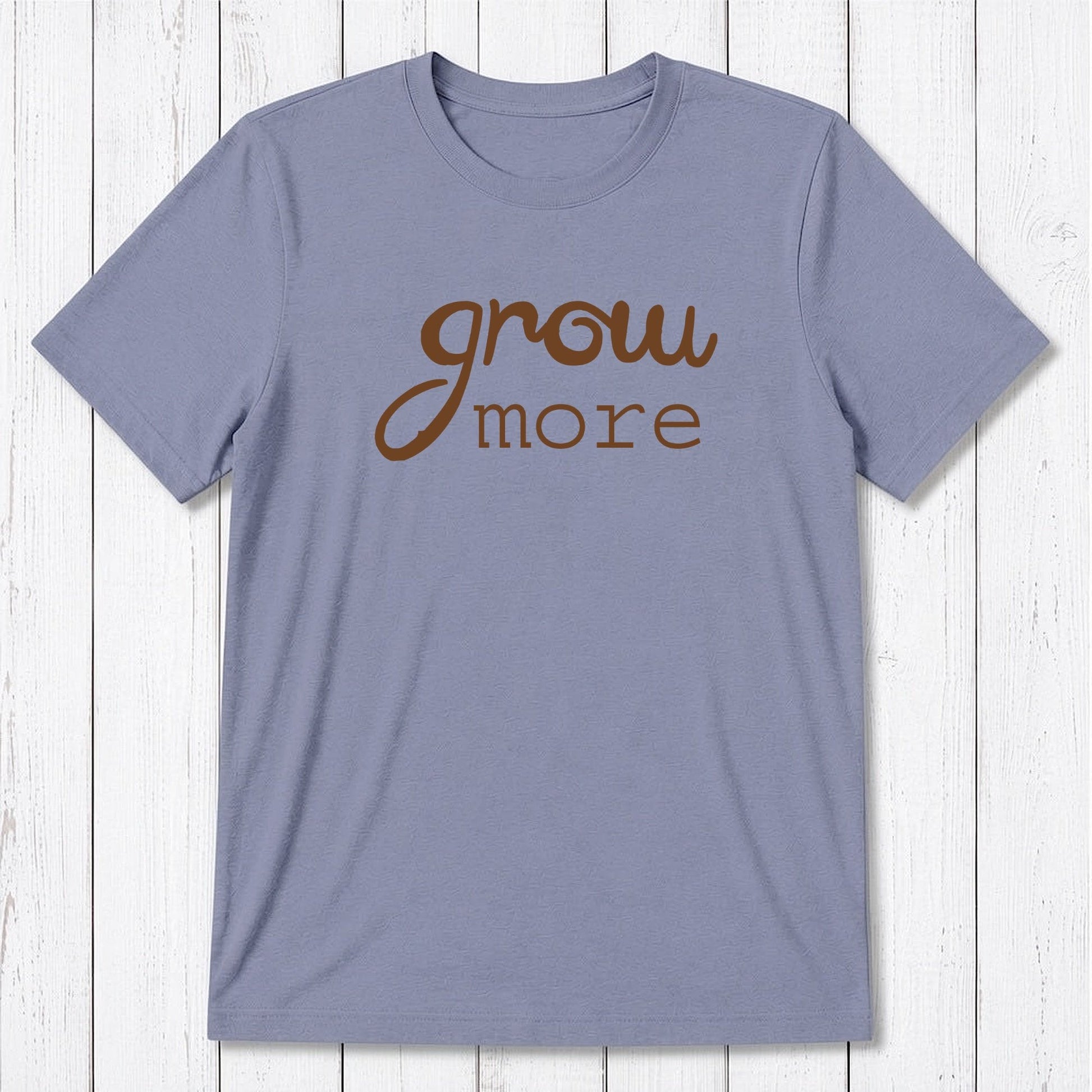 Slate blue 'Grow More' men's bamboo and organic cotton T-shirt, sustainable garden-themed graphic tee for eco-conscious men.