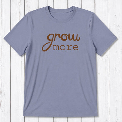 Slate blue 'Grow More' men's bamboo and organic cotton T-shirt, sustainable garden-themed graphic tee for eco-conscious men.