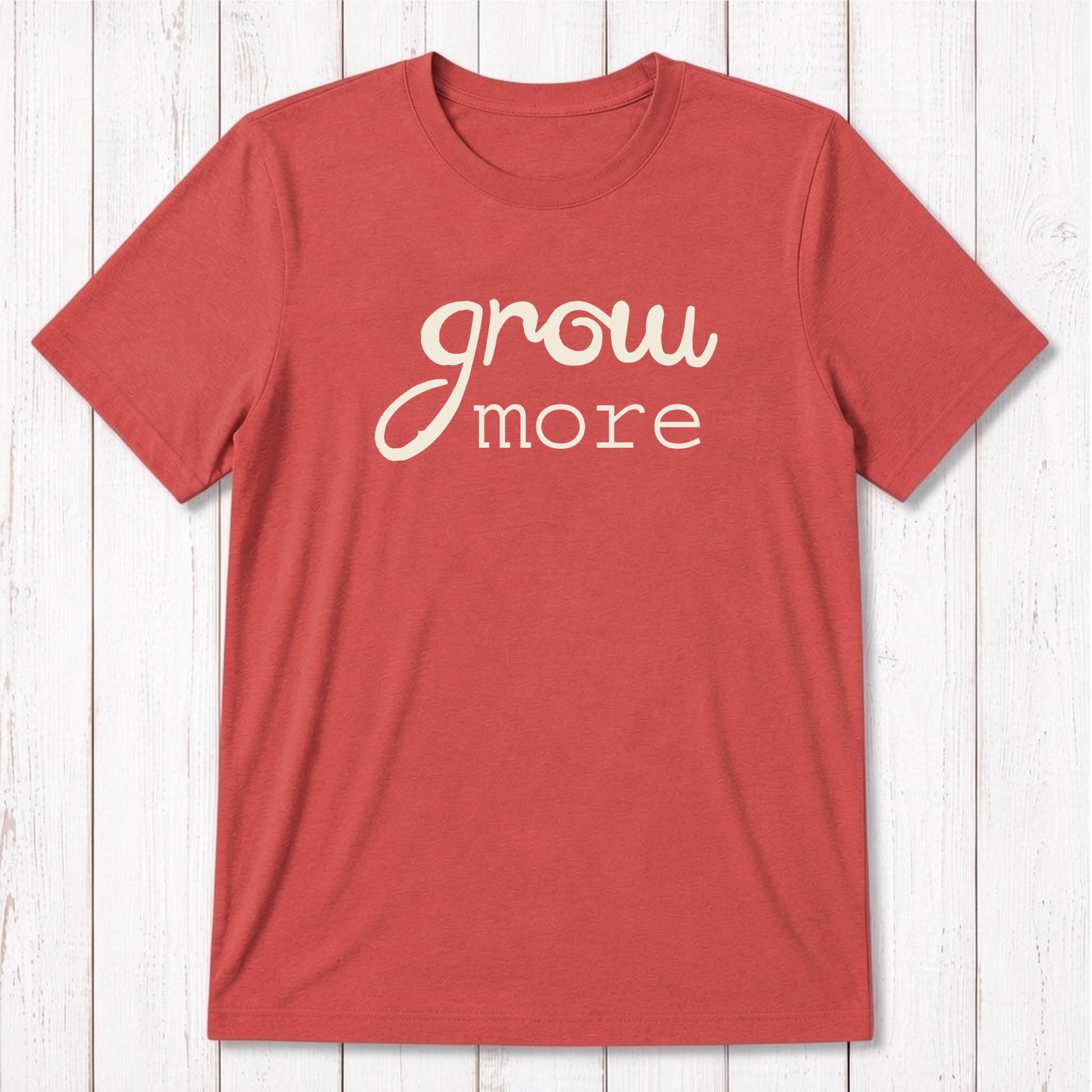 Red clay 'Grow More' men's gardening T-shirt in bamboo and organic cotton, soft breathable tee for plant lovers by Uni-T.